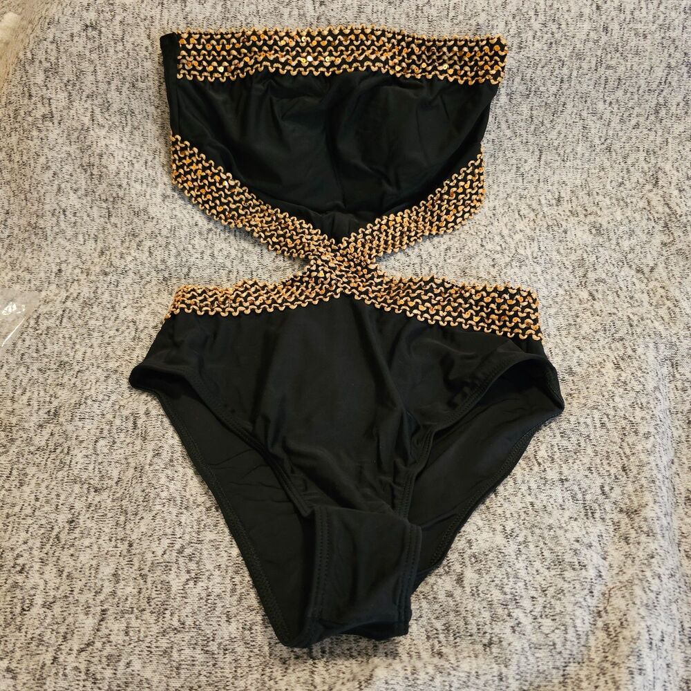 New Women's Small Stitch Cut Out One Piece Swimsuit Black & Gold Swimwear - Picture 2 of 5